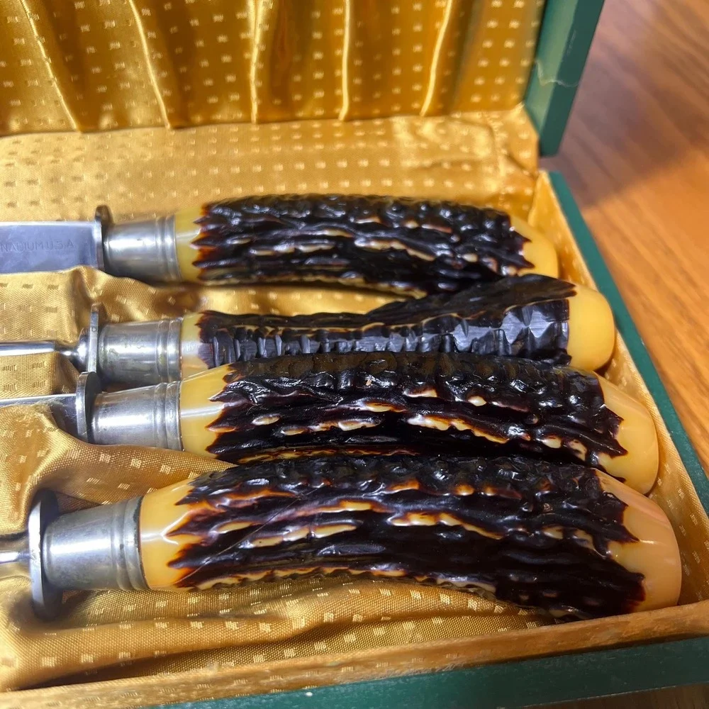 VTG Flint Stainless Vanadium USA Carving Set Faux Stag Handles Sharpener w case